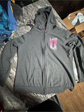 Kids Gray Zip Hoodie with Pink 'LOVE U' Accent
